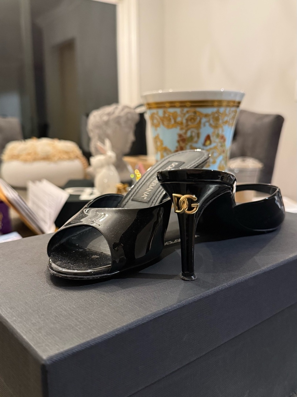 Dolce & Gabbana Black Patent Open-Toe Slingback Mules with Gold DG Accent